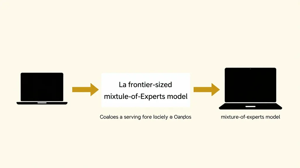 An abstract editorial illustration suggesting a personal laptop serving a large mixture-of-experts model, in ink and amber on warm paper