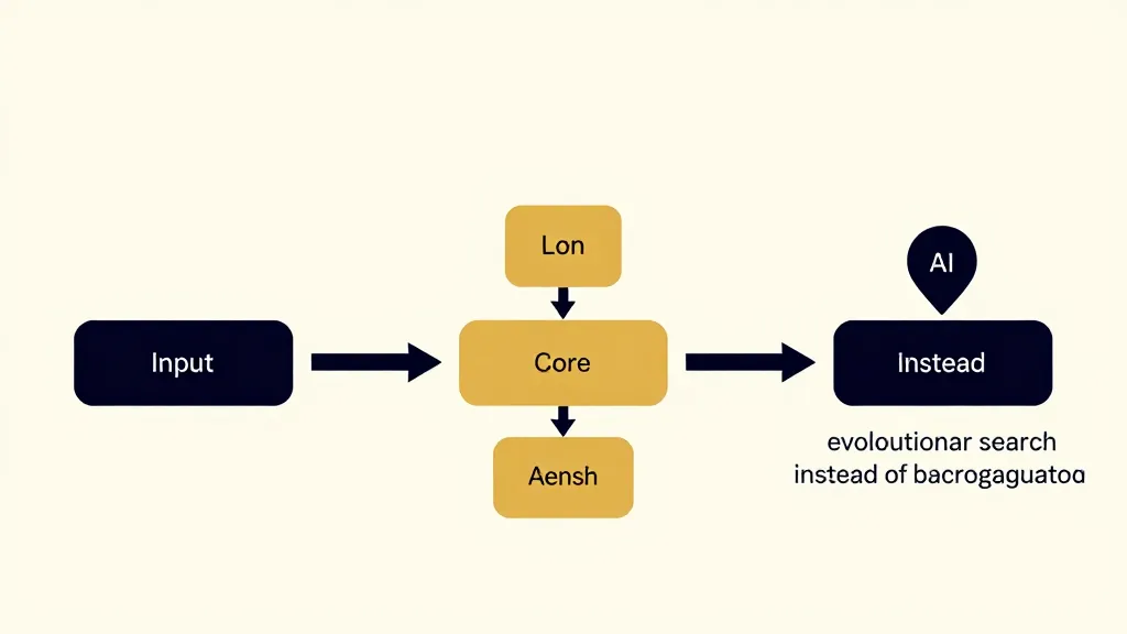 An abstract editorial illustration of an agent being tuned with evolutionary search instead of backpropagation, in ink and amber on warm paper