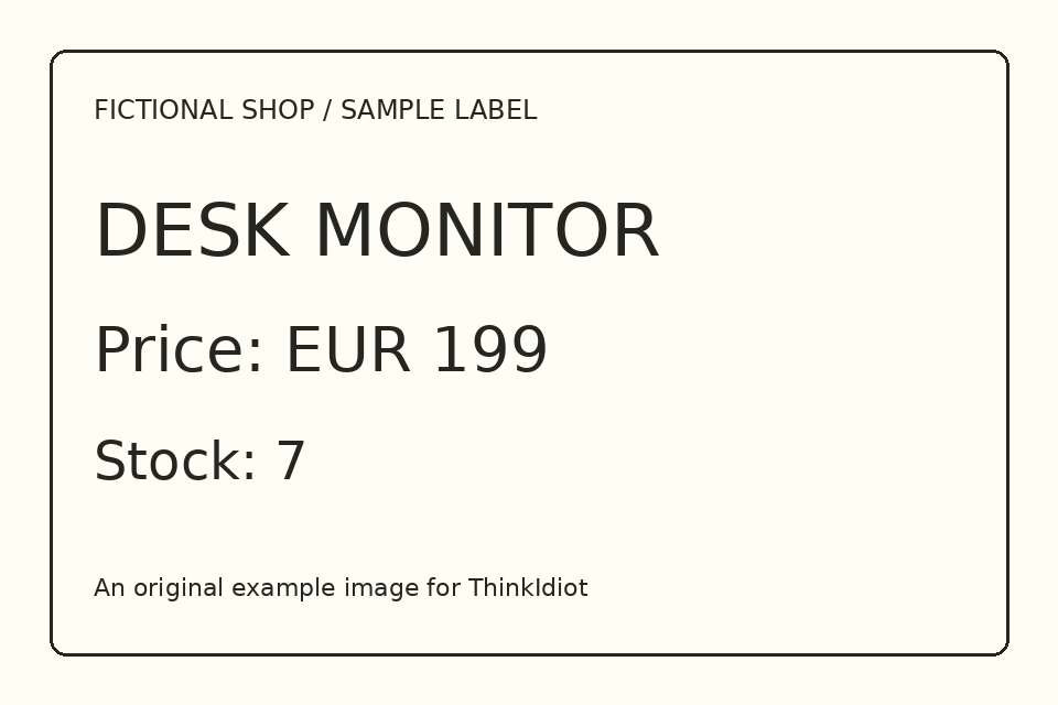Fictional monitor label showing Price EUR 199 and Stock 7